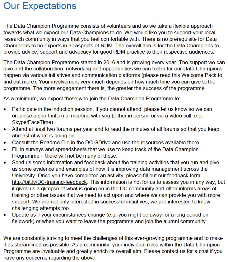 Document describing what Data Champions are expected to do as part of the Programme.