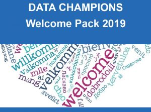 Word cloud image of "welcome" in different languages  - front page of the Data Champion Welcome pack.